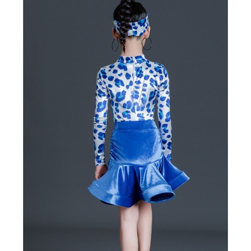Girls kids blue leopard printed Latin Dance Dresses Children Ballroom Salsa Modern Dance Costumes For Children